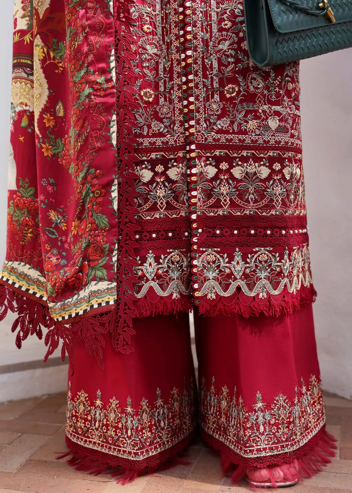 Model wearing deep red Marina outfit from Kanwal Malik Elysia Luxury Lawn '25, perfect for Pakistani luxury pret and clothes online in UK.