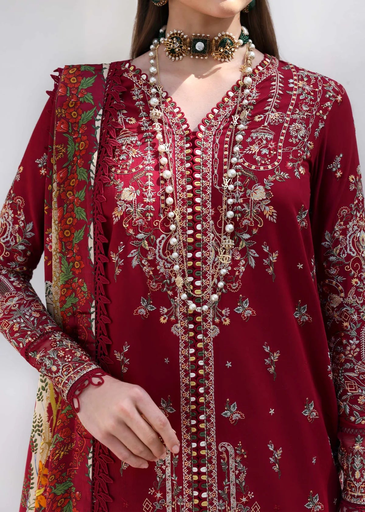 Model wearing deep red Marina outfit from Kanwal Malik Elysia Luxury Lawn '25, perfect for Pakistani luxury pret and clothes online in UK.