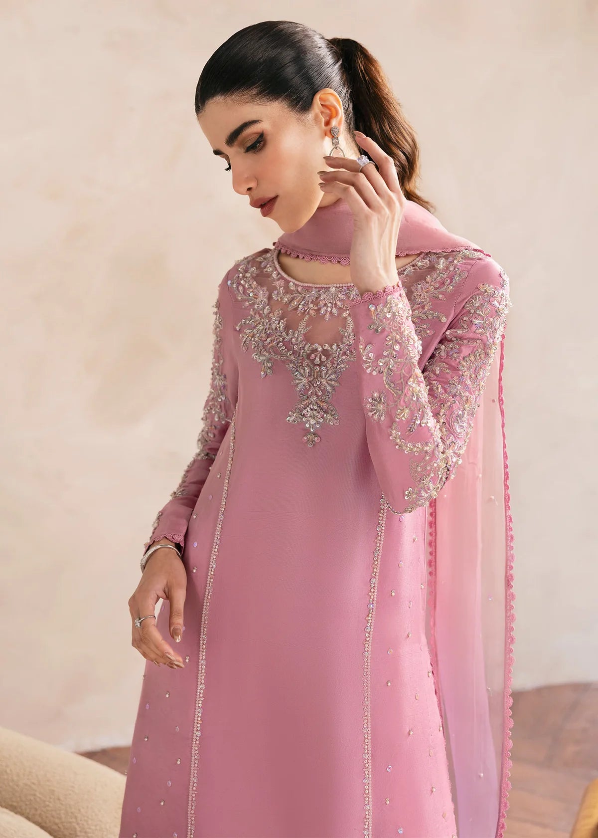 Model wearing Kanwal Malik Arden lilac embroidered luxury pret dress. Shop Pakistani clothes online in the UK for elegant occasion wear.