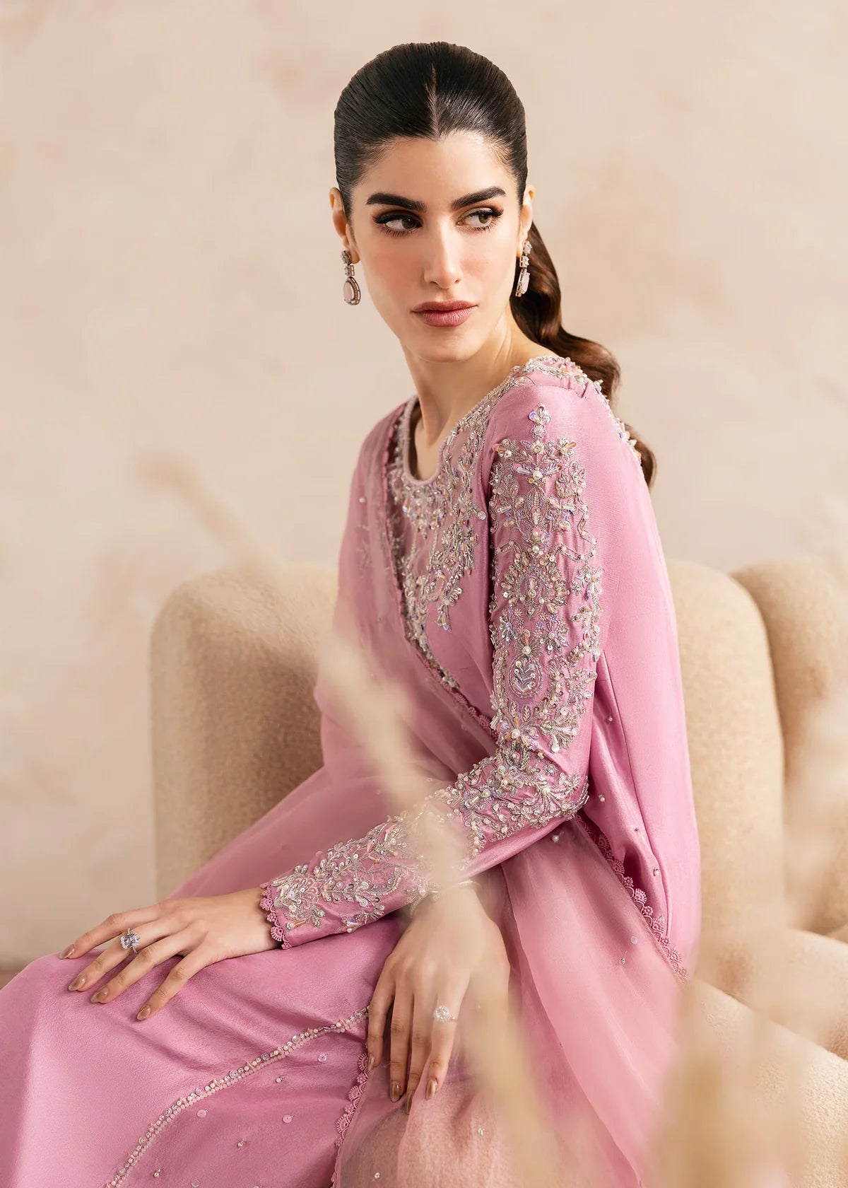 Model wearing Kanwal Malik Arden lilac embroidered luxury pret dress. Shop Pakistani clothes online in the UK for elegant occasion wear.