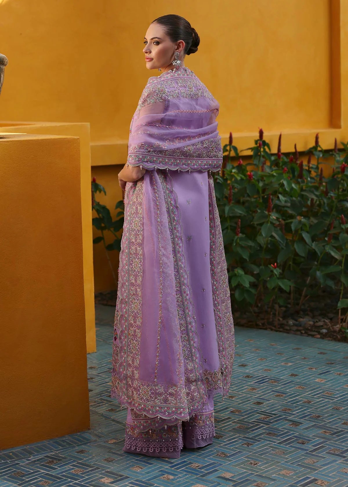 Model wearing pastel lilac Celia outfit from Kanwal Malik Elysia Luxury Lawn '25, ideal for Pakistani luxury pret and clothes online in UK.