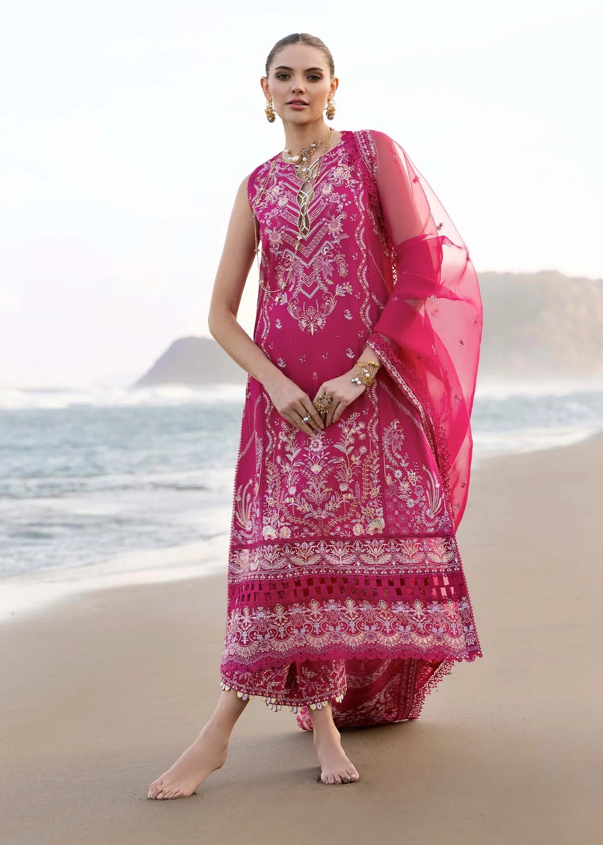 Model wearing Fuchsia Evaline dress from Kanwal Malik Elysia Luxury Lawn '25, perfect for Pakistani luxury pret and clothes online in UK.
