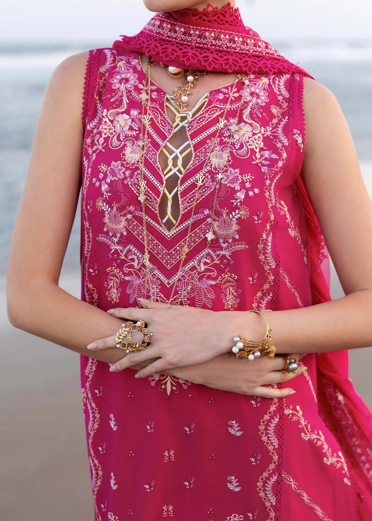 Model wearing Fuchsia Evaline dress from Kanwal Malik Elysia Luxury Lawn '25, perfect for Pakistani luxury pret and clothes online in UK.