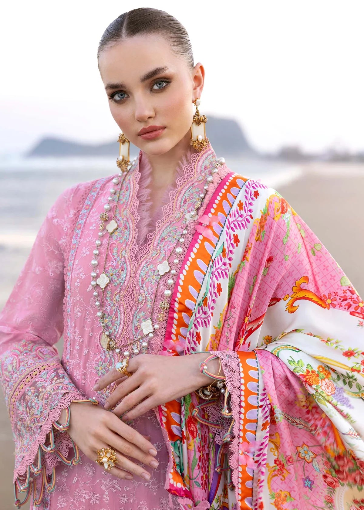 Model wearing pink Ariana outfit from Kanwal Malik Elysia Luxury Lawn '25, perfect for Pakistani luxury pret and clothes online in UK.