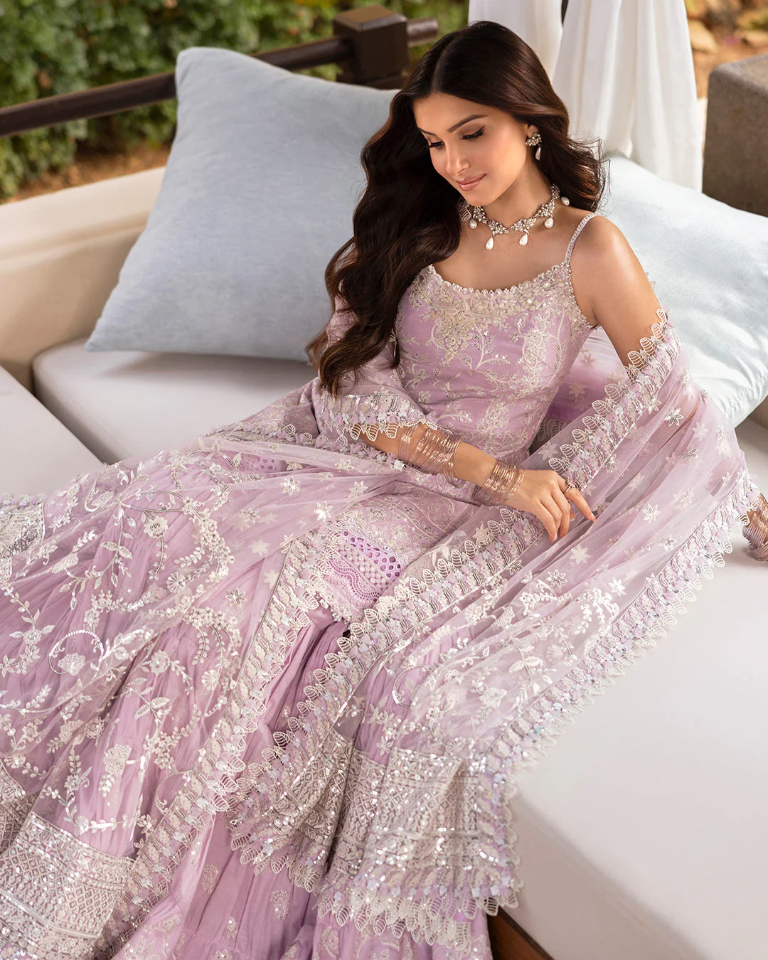Model wearing lilac Soma dress from Faiza Saqlain Zinnia collection, Pakistani Luxury pret, Faiza Saqlain Pakistani clothes online in UK.