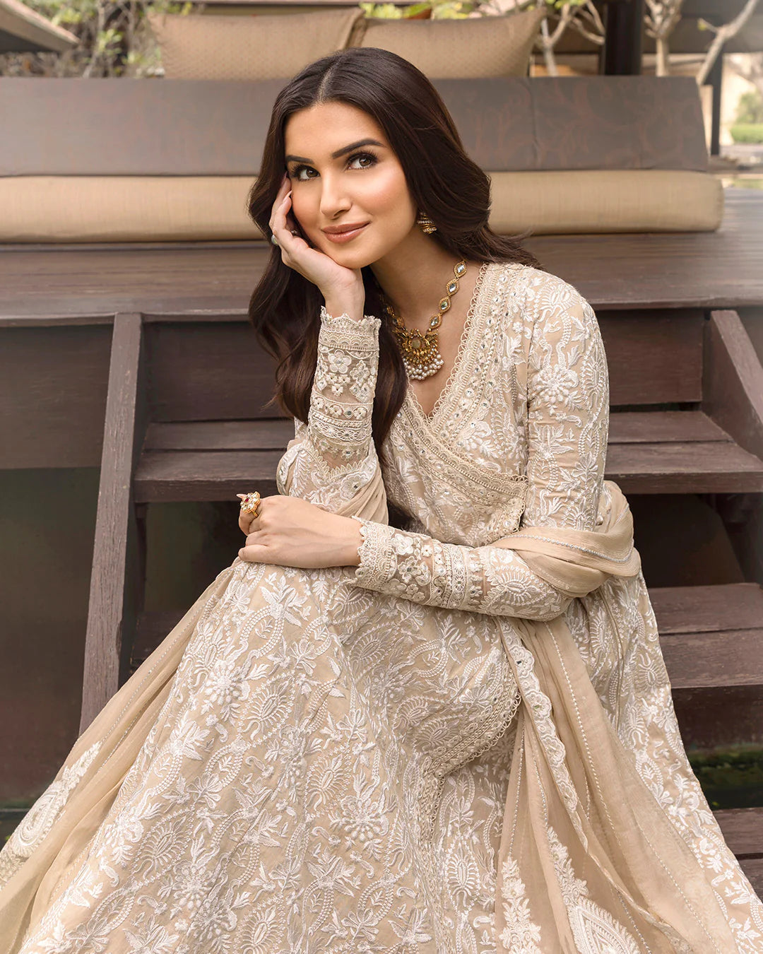 Model wearing ivory Ilima dress from Faiza Saqlain Zinnia collection, Pakistani Luxury pret, Pakistani clothes online in UK.