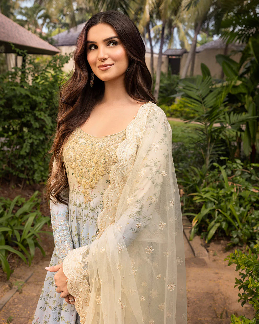 Model wearing pastel ombré Freesia dress from Faiza Saqlain Zinnia collection, Pakistani Luxury pret, Pakistani clothes online in UK.