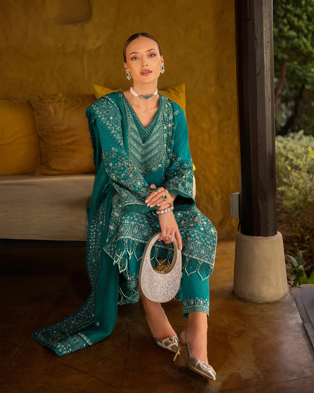 Model wearing teal Calla dress from Faiza Saqlain Zinnia collection, Pakistani Luxury pret, Faiza Saqlain Pakistani clothes online in UK.