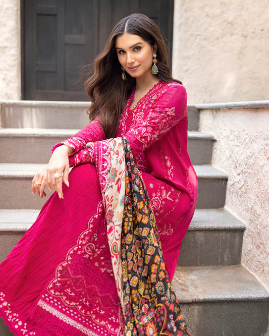 Model wearing vibrant pink Varda dress from Faiza Saqlain Zinnia, Pakistani Luxury pret, Pakistani clothes online in UK.