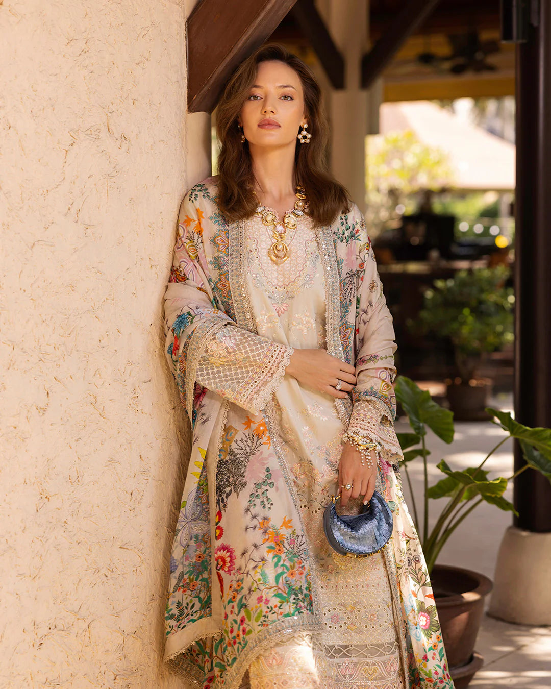 Model wearing cream Delilah dress from Faiza Saqlain Zinnia, Pakistani Luxury pret, Pakistani clothes online in UK.