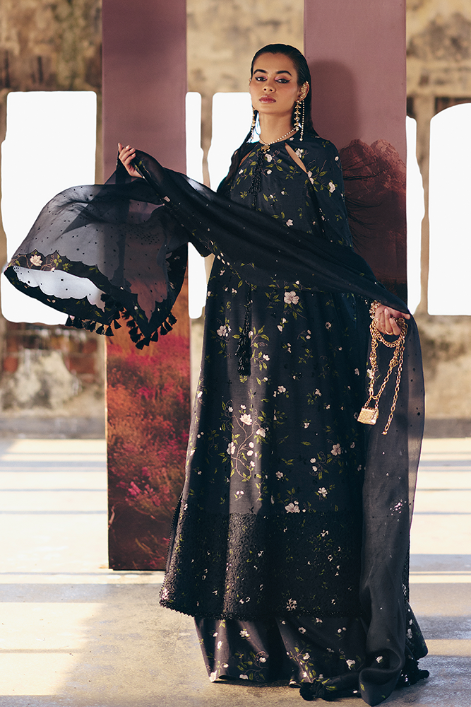 Model wearing ZEYARA, close-up detail, a Pakistani designer outfit by Suffuse, available online in the UK.