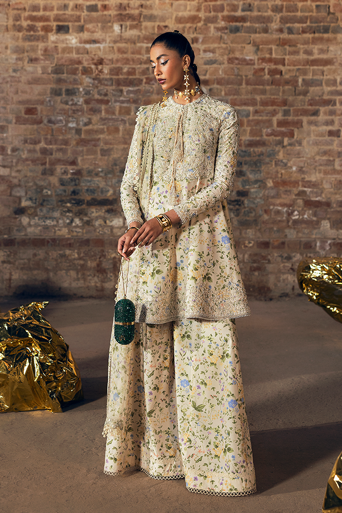 Model wearing CARMILLA, front view, a Pakistani designer outfit by Suffuse, available online in the UK.