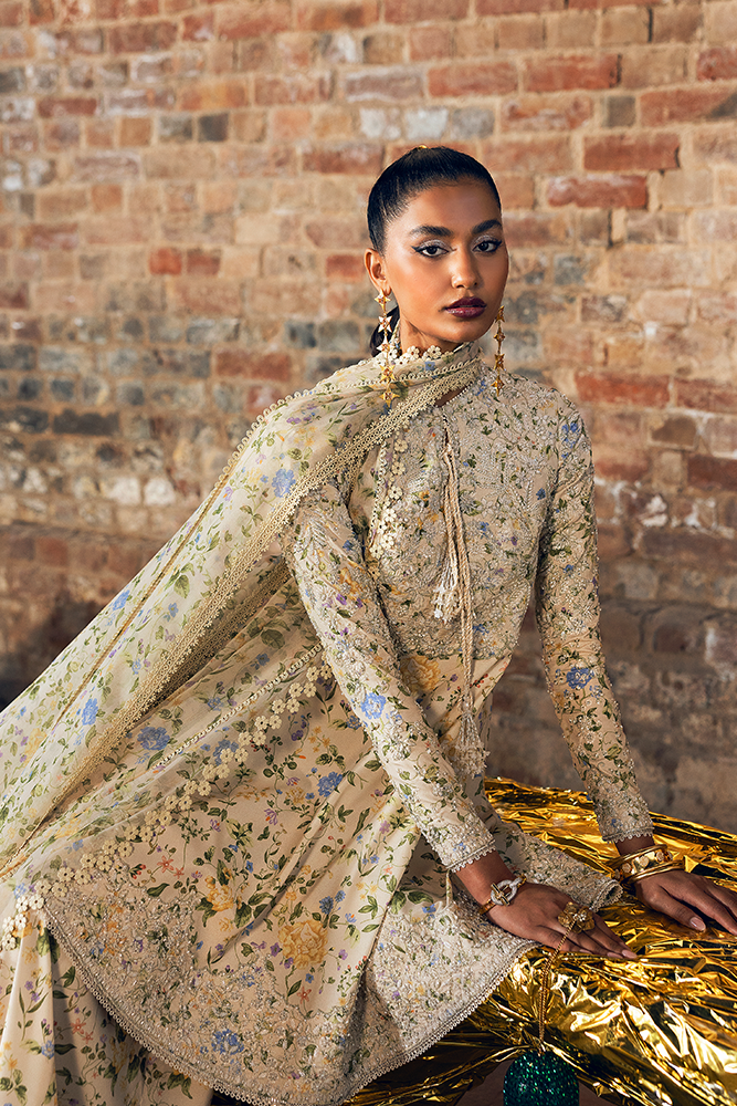 Model wearing CARMILLA, three-quarter view, a Pakistani designer outfit by Suffuse, available online in the UK.