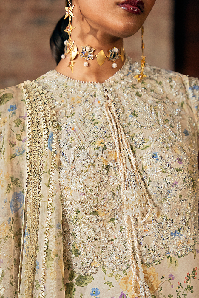 Model wearing CARMILLA, side angle, a Pakistani designer outfit by Suffuse, available online in the UK.