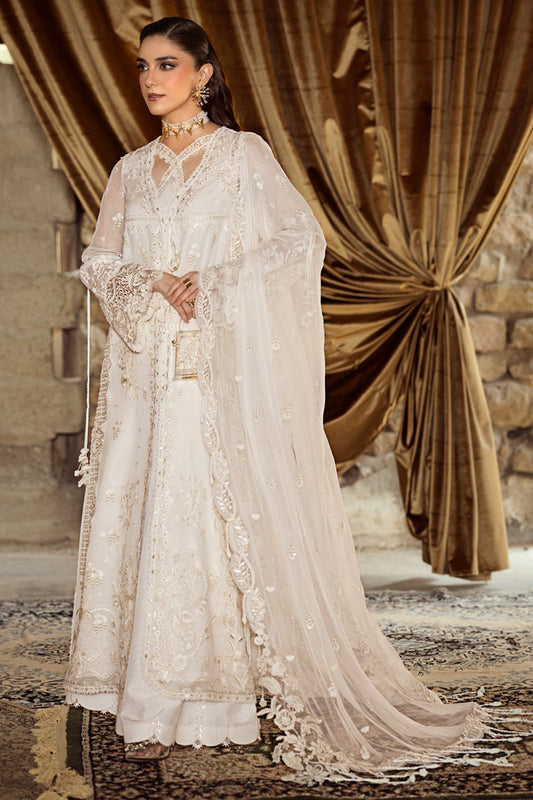 Model wearing ivory embroidered chiffon dress WC-03 ROISE from Qalamkar, perfect for Pakistani luxury pret and Pakistani clothes online in UK.
