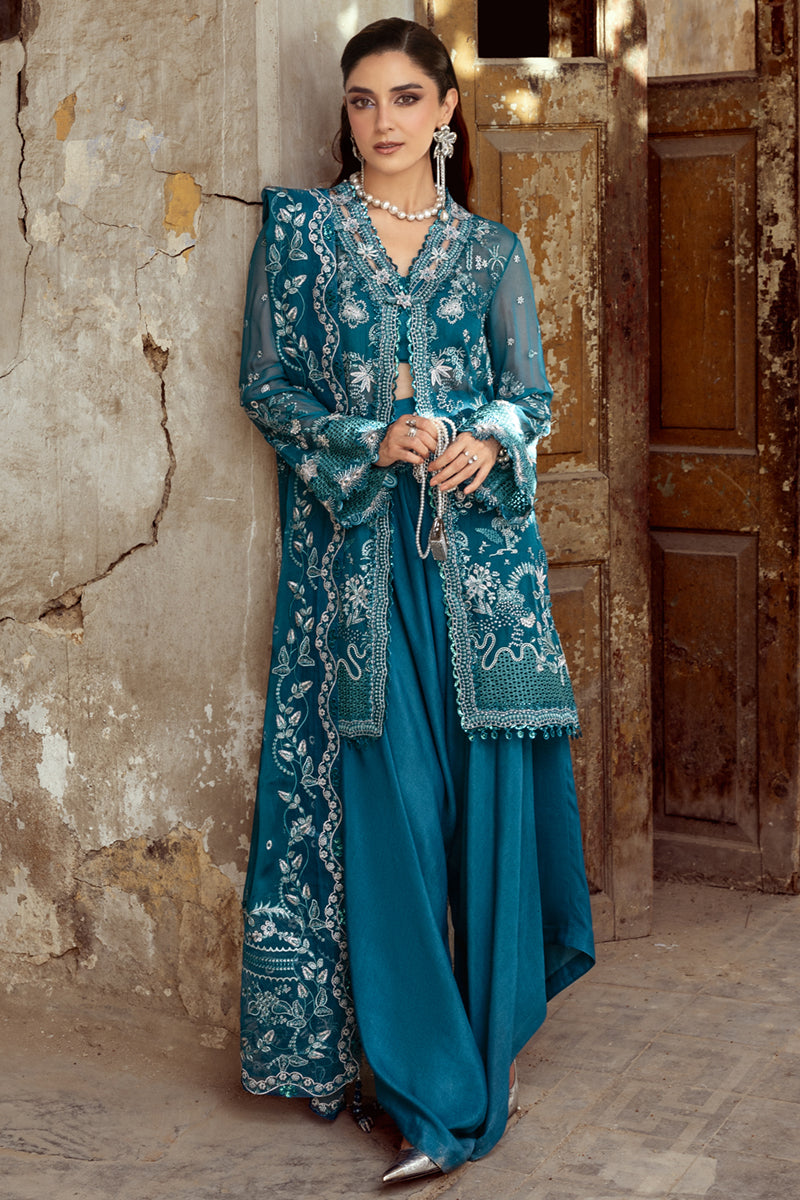 Model wearing soft lilac embroidered chiffon dress WC-04 NESSA from Qalamkar, ideal Pakistani luxury pret for Pakistani clothes online in UK.
