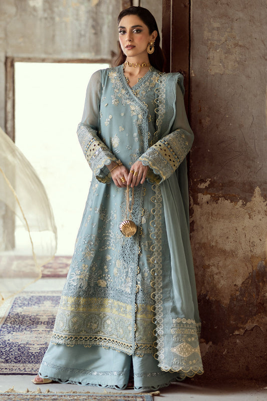 Model wearing powder blue embroidered chiffon dress WC-08 VEVIN from Qalamkar, Pakistani luxury pret available online in UK.