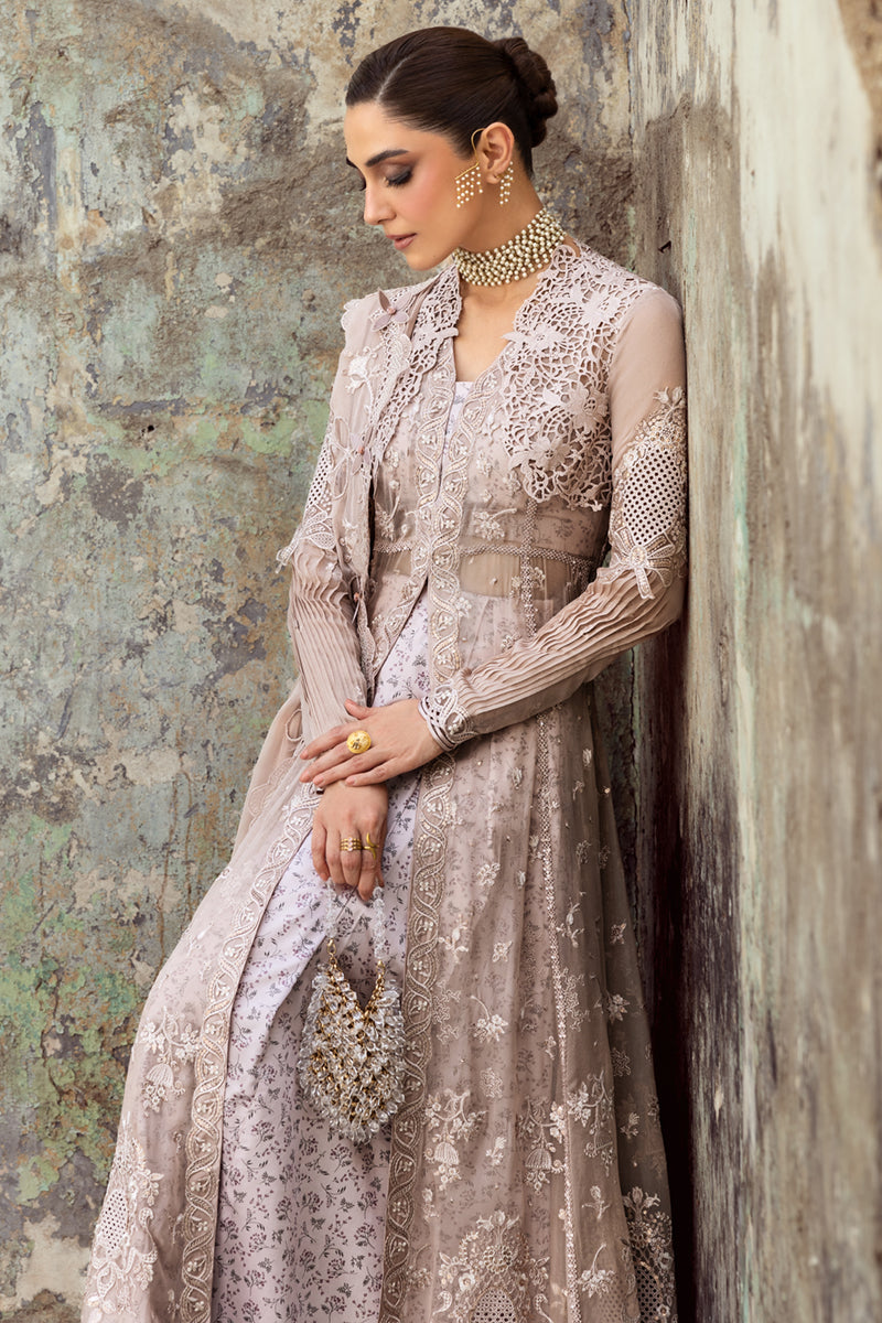 Model wearing soft mauve chiffon outfit WC-01 AISLA from Qalamkar, showcasing Pakistani luxury pret and Pakistani clothes online in UK.
