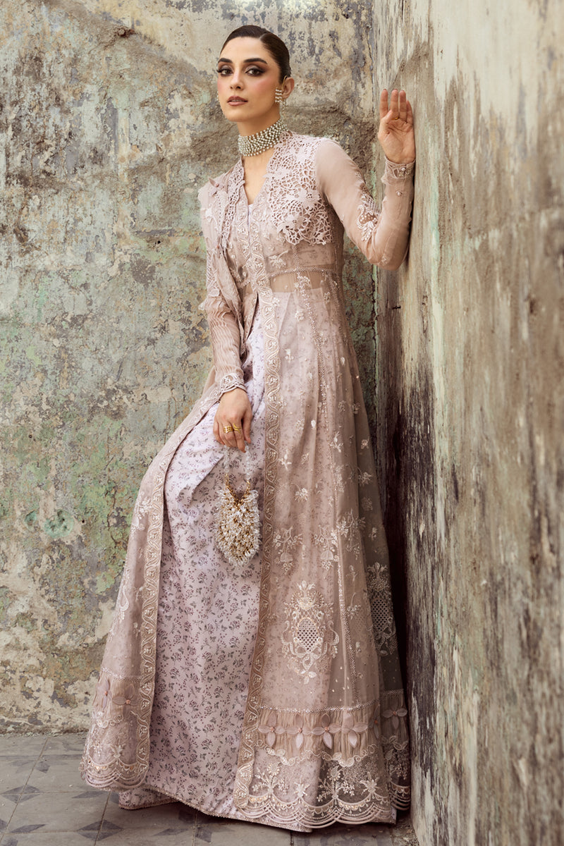 Model wearing soft mauve chiffon outfit WC-01 AISLA from Qalamkar, showcasing Pakistani luxury pret and Pakistani clothes online in UK.
