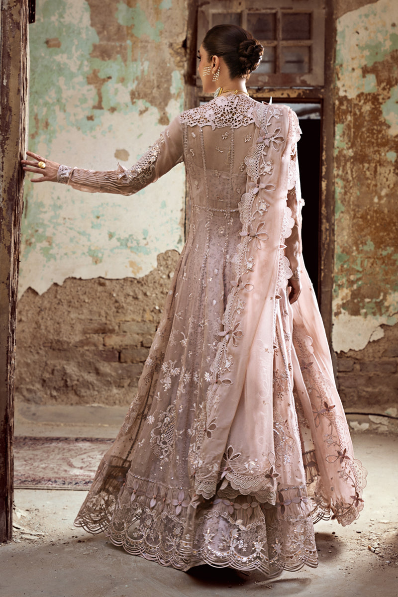 Model wearing soft mauve chiffon outfit WC-01 AISLA from Qalamkar, showcasing Pakistani luxury pret and Pakistani clothes online in UK.
