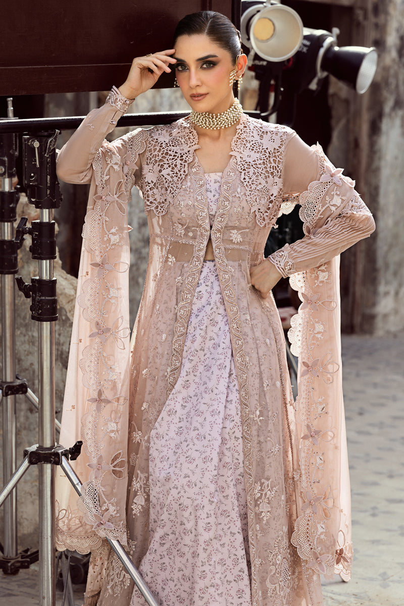 Model wearing soft mauve chiffon outfit WC-01 AISLA from Qalamkar, showcasing Pakistani luxury pret and Pakistani clothes online in UK.
