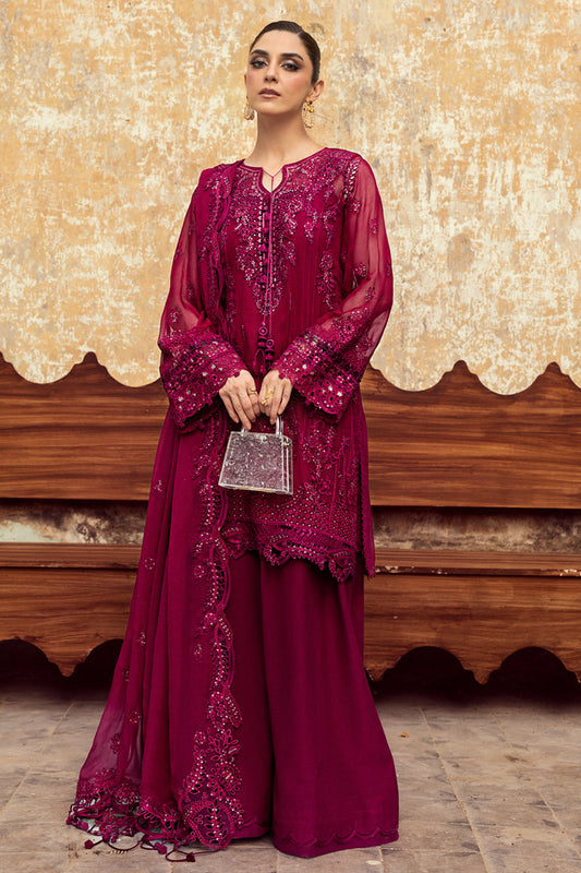 Model wearing deep magenta chiffon outfit WC-02 SIOFE from Qalamkar, ideal for Pakistani luxury pret and Pakistani clothes online in UK.
