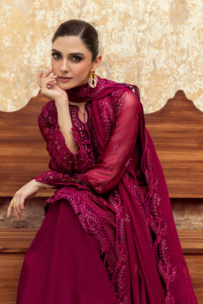 Model wearing deep magenta chiffon outfit WC-02 SIOFE from Qalamkar, ideal for Pakistani luxury pret and Pakistani clothes online in UK.
