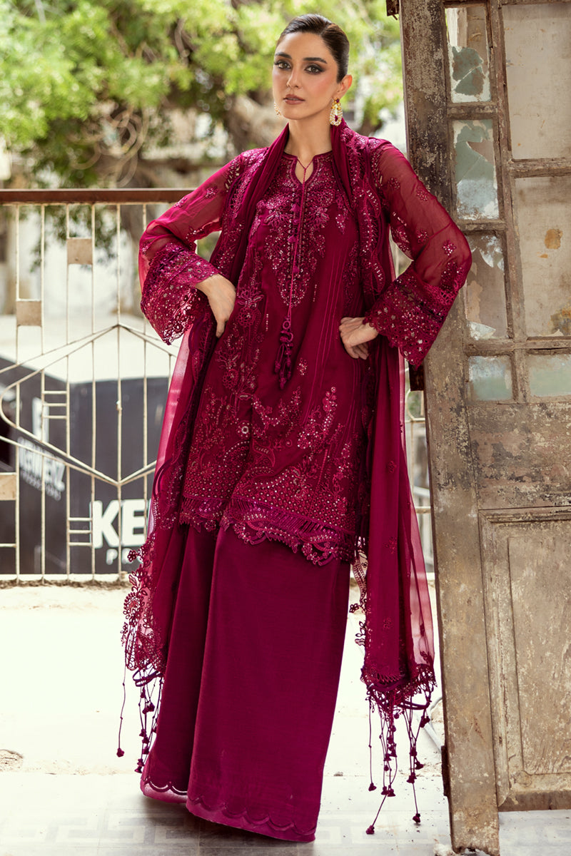 Model wearing deep magenta chiffon outfit WC-02 SIOFE from Qalamkar, ideal for Pakistani luxury pret and Pakistani clothes online in UK.
