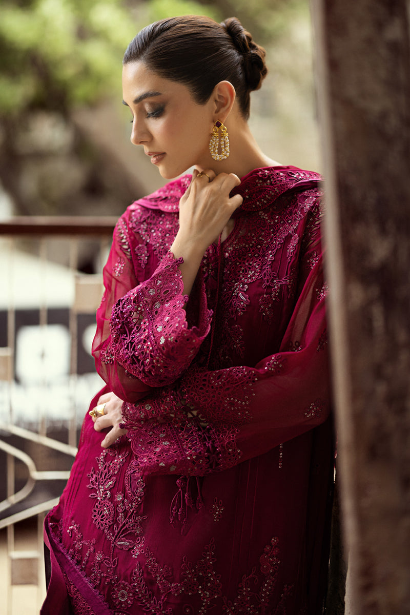 Model wearing deep magenta chiffon outfit WC-02 SIOFE from Qalamkar, ideal for Pakistani luxury pret and Pakistani clothes online in UK.
