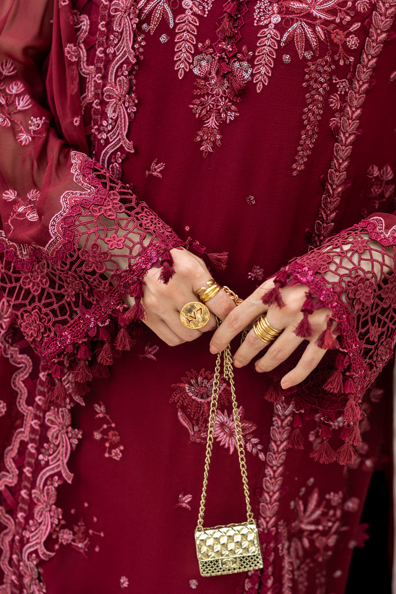 Model wearing dusty pink embroidered chiffon dress WC-06 JAYNE from Qalamkar, Pakistani luxury pret available online in UK.