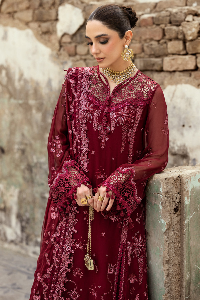 Model wearing dusty pink embroidered chiffon dress WC-06 JAYNE from Qalamkar, Pakistani luxury pret available online in UK.