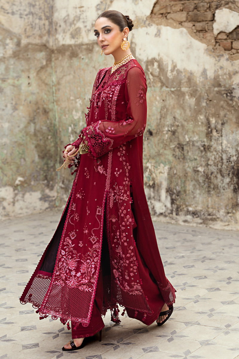 Model wearing dusty pink embroidered chiffon dress WC-06 JAYNE from Qalamkar, Pakistani luxury pret available online in UK.