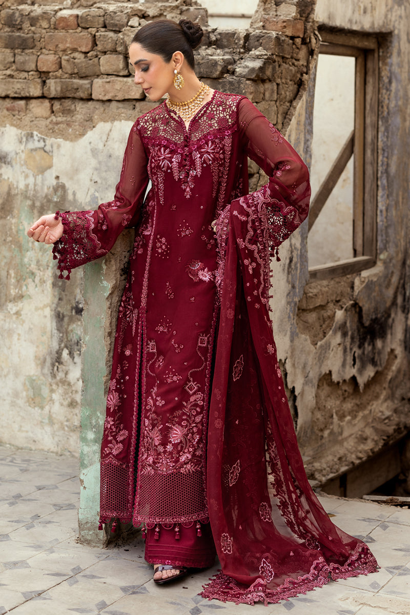 Model wearing dusty pink embroidered chiffon dress WC-06 JAYNE from Qalamkar, Pakistani luxury pret available online in UK.