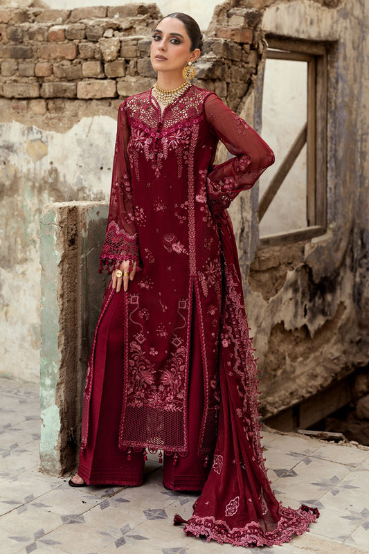 Model wearing dusty pink embroidered chiffon dress WC-06 JAYNE from Qalamkar, Pakistani luxury pret available online in UK.