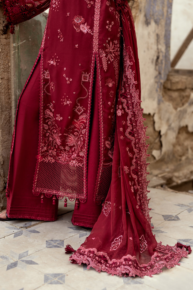 Model wearing dusty pink embroidered chiffon dress WC-06 JAYNE from Qalamkar, Pakistani luxury pret available online in UK.