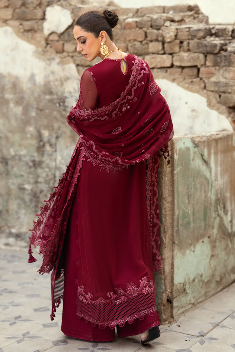 Model wearing dusty pink embroidered chiffon dress WC-06 JAYNE from Qalamkar, Pakistani luxury pret available online in UK.