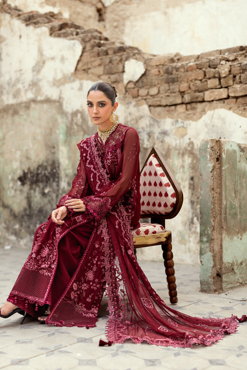 Model wearing dusty pink embroidered chiffon dress WC-06 JAYNE from Qalamkar, Pakistani luxury pret available online in UK.