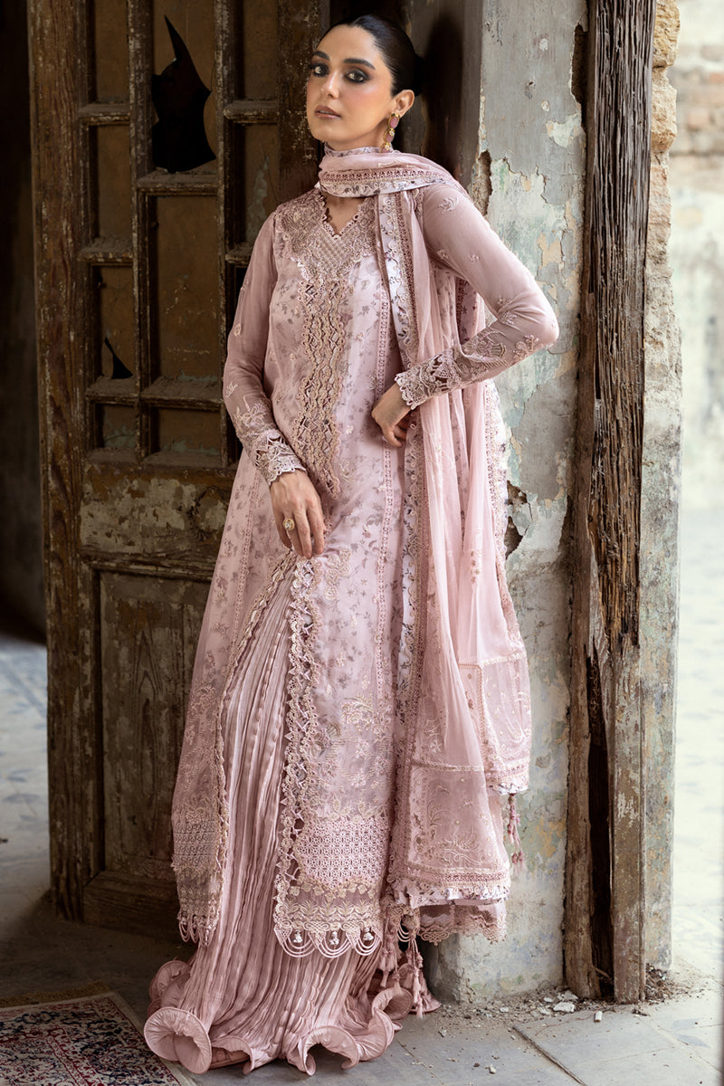 Model wearing sea green embroidered chiffon outfit WC-05 RIONA from Qalamkar, Pakistani Luxury pret for Pakistani clothes online in UK.
