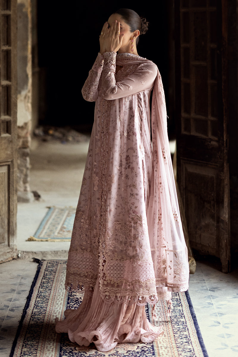 Model wearing sea green embroidered chiffon outfit WC-05 RIONA from Qalamkar, Pakistani Luxury pret for Pakistani clothes online in UK.
