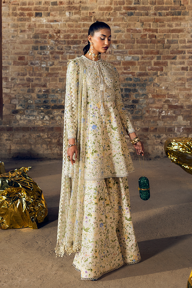 Model wearing CARMILLA, close-up detail, a Pakistani designer outfit by Suffuse, available online in the UK.