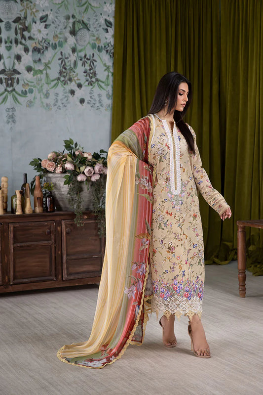 Model wearing beige floral Design 3A outfit from Sobia Nazir Vital '25 Vol. 2, Pakistani luxury pret and Pakistani clothes online in UK.