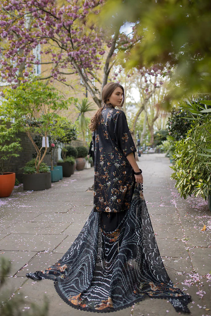 Model wearing black printed Sobia Nazir Design 3B from SN Basics '25, Pakistani luxury pret, perfect for Eid, available online in UK.