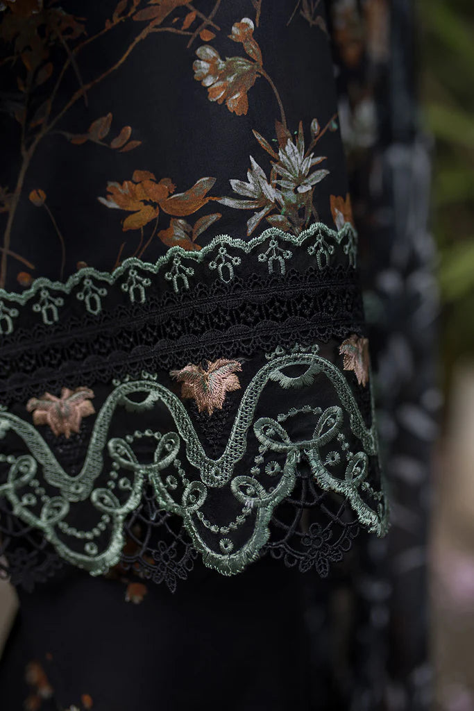 Model wearing black printed Sobia Nazir Design 3B from SN Basics '25, Pakistani luxury pret, perfect for Eid, available online in UK.