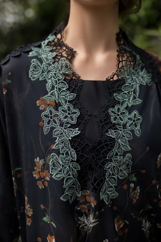 Model wearing black printed Sobia Nazir Design 3B from SN Basics '25, Pakistani luxury pret, perfect for Eid, available online in UK.