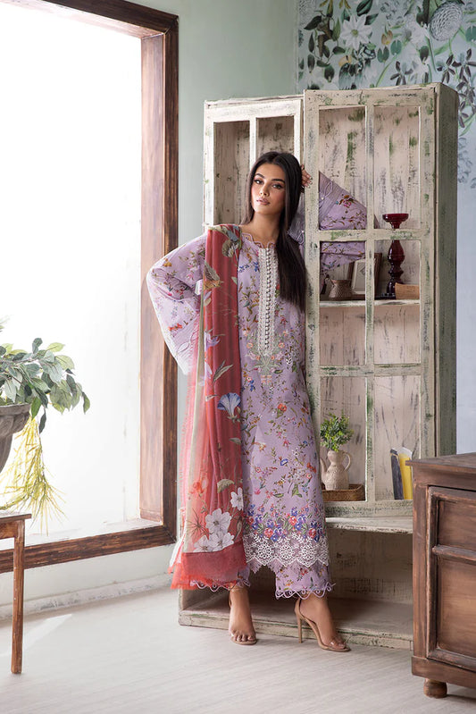 Model wearing lilac Design 3B outfit from Sobia Nazir Vital '25 Vol. 2, Pakistani luxury pret and Pakistani clothes online in UK.