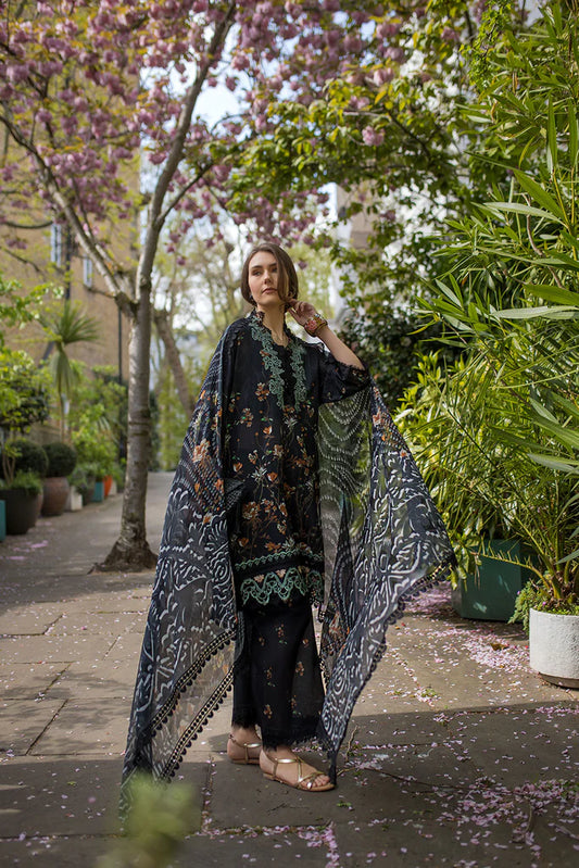 Model wearing black printed Sobia Nazir Design 3B from SN Basics '25, Pakistani luxury pret, perfect for Eid, available online in UK.