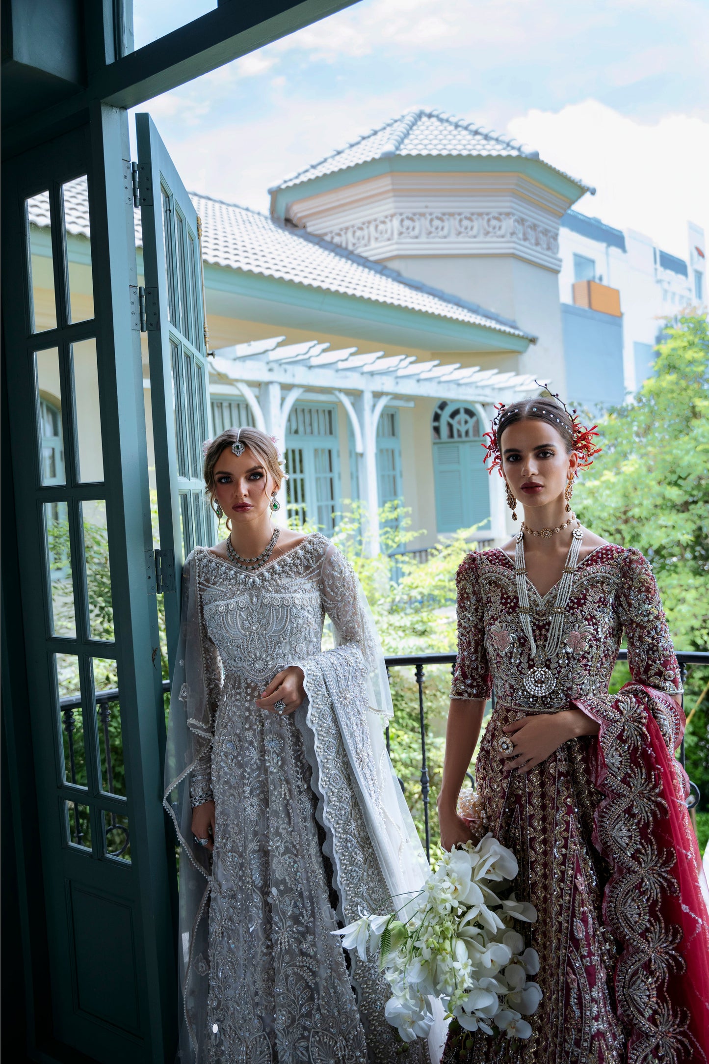 Model wearing silver embellished gown DAHLIA from Mysie by Tahira, Pakistani luxury pret perfect for weddings, now online in UK.