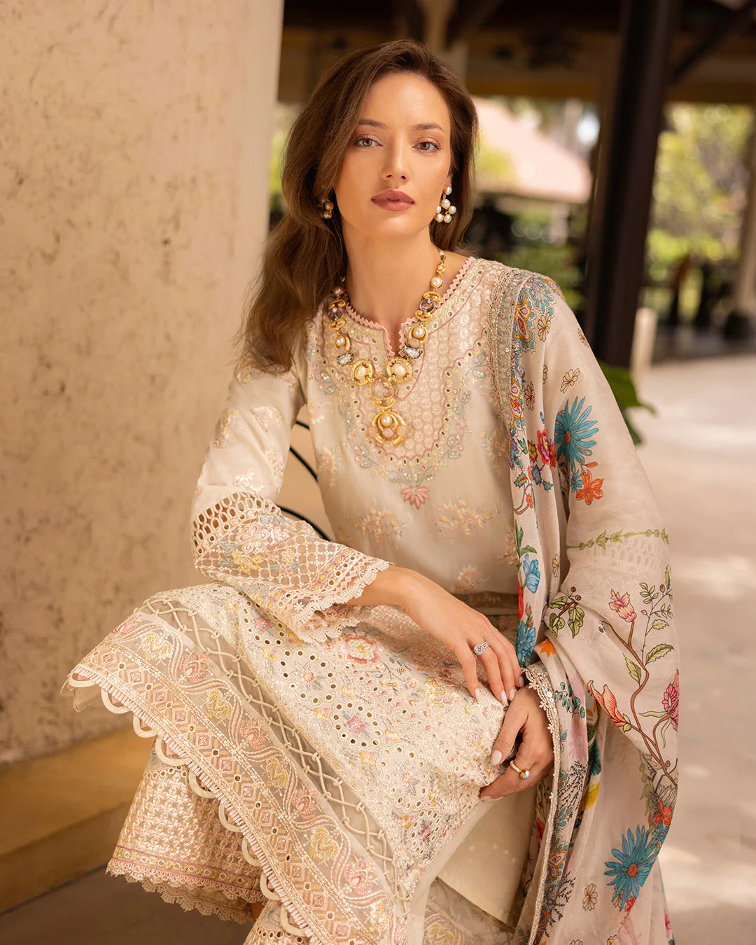 Model wearing cream Delilah dress from Faiza Saqlain Zinnia, Pakistani Luxury pret, Pakistani clothes online in UK.