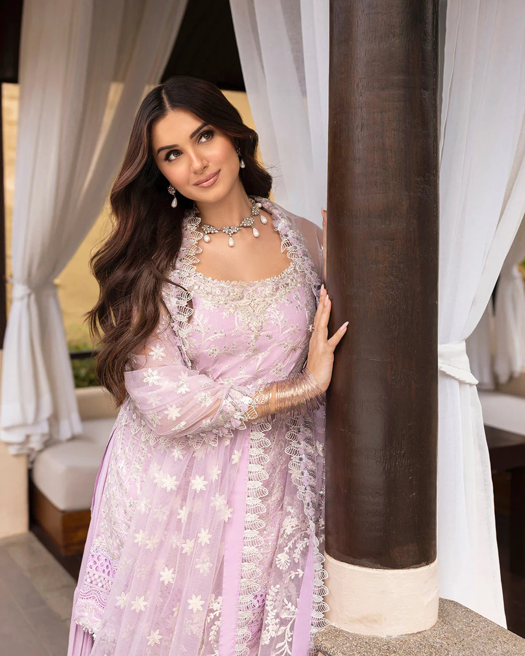 Model wearing lilac Soma dress from Faiza Saqlain Zinnia collection, Pakistani Luxury pret, Faiza Saqlain Pakistani clothes online in UK.