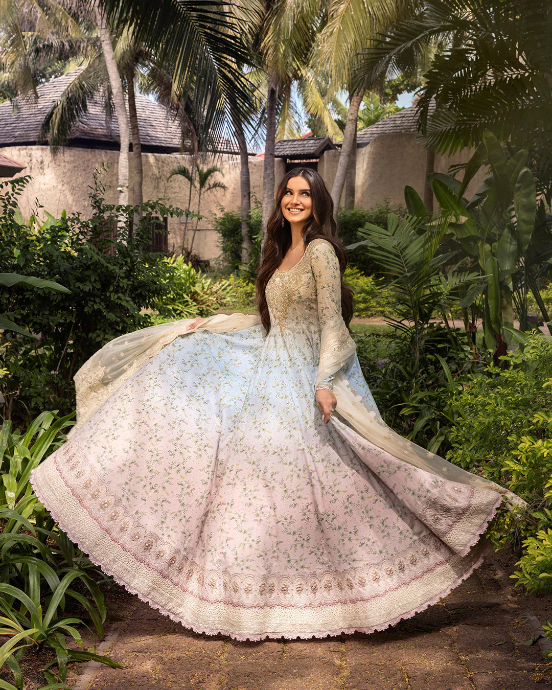 Model wearing pastel ombré Freesia dress from Faiza Saqlain Zinnia collection, Pakistani Luxury pret, Pakistani clothes online in UK.